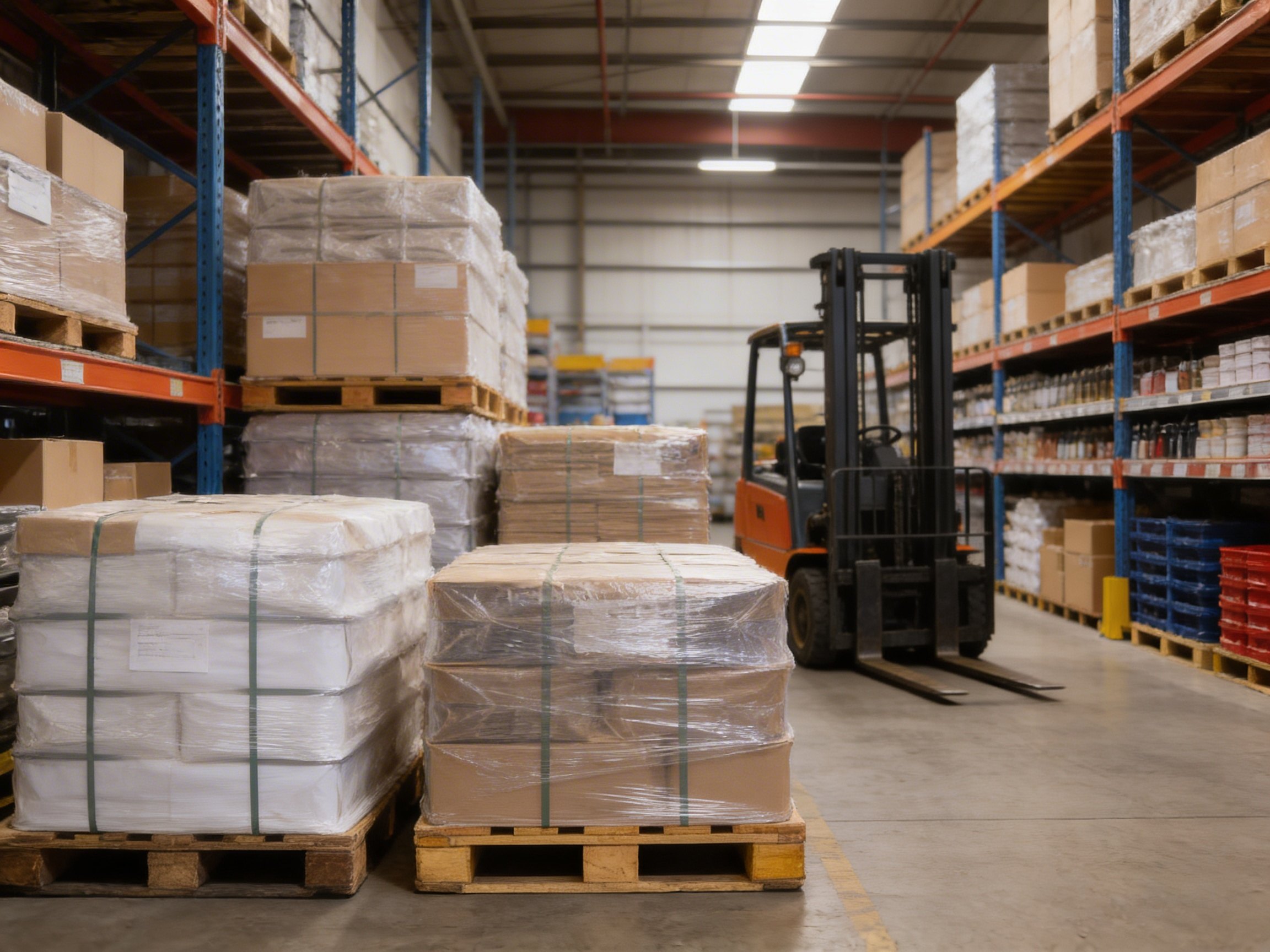 warehouse with packaging materials stacked, logistics, professional photography